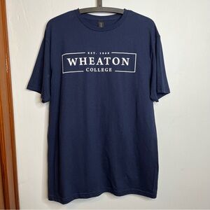Wheaton College Short Sleeve Tee Shirt Navy Blue White L EUC